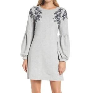 Lilly Pulitzer Bartlett Mini Sweater Dress Gray Blue Embroidery Sequins XS Prep